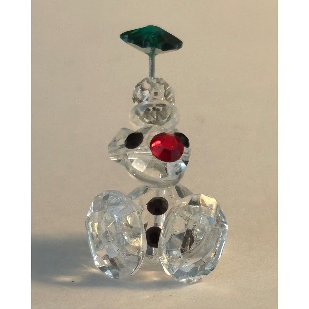 Miniature Faceted Crystal Clown Figurine Clear Glass Red Nose Green Hat 1.25in